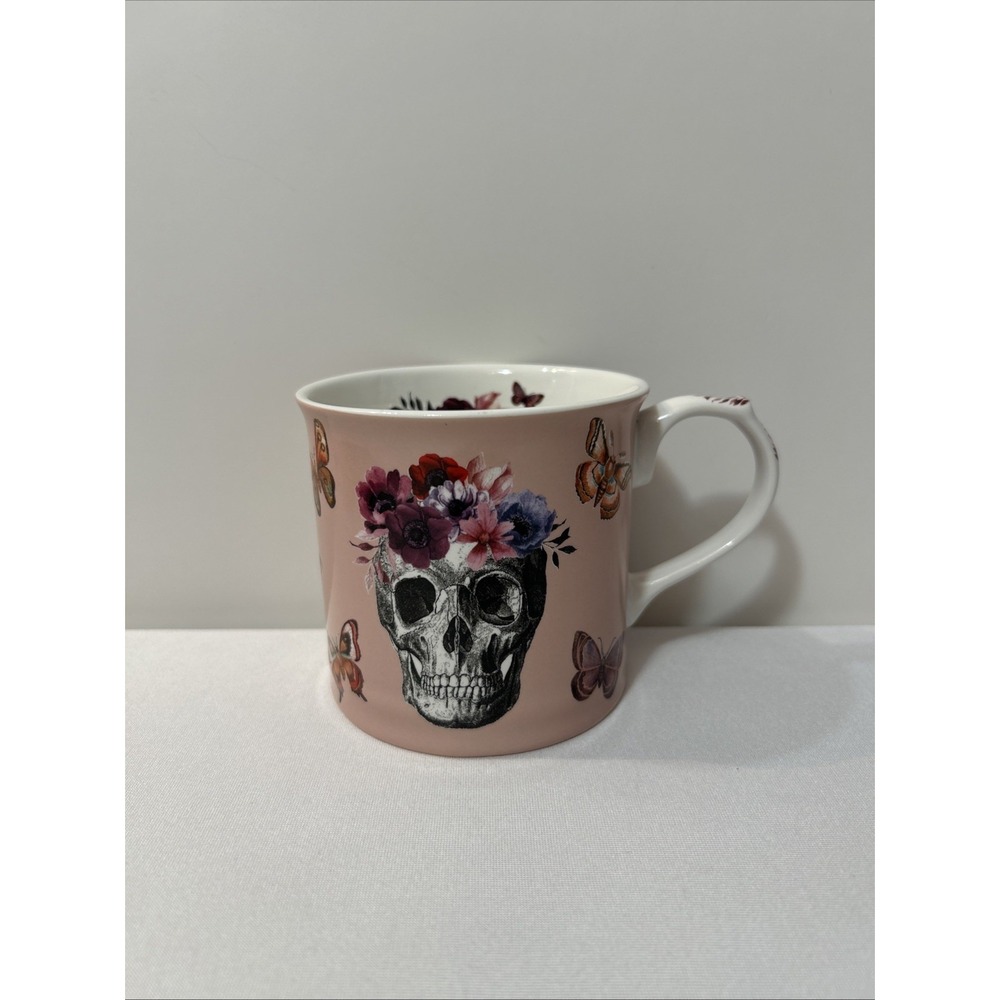 Bluebird And Willow Mug Skull Butterflies Pink Bone China Cup Floral Goth Dark